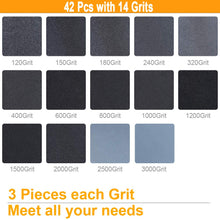 Load image into Gallery viewer, DSL 42pcs Sandpaper, Wet and Dry Sand Paper for Wood, Walls, Cars, Metal, Plastic, Glass - 120 to 3000 Grit Sand Paper Sheets Pack, 9x3.6 Inch Sanding Paper/Emery Paper
