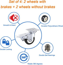 Load image into Gallery viewer, DSL Castor Wheels, Heavy Duty Castors 50mm, Caster Wheels Set of 4 Trolley Furniture Wheels - Double Bearing 2 Castor with 2 Braked Rubber up to 240KG + Free Fitting