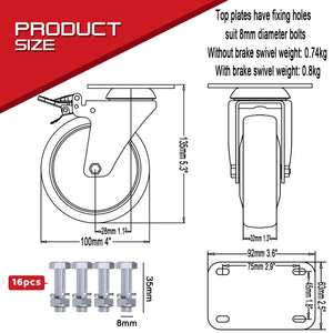 DSL 4 Double Bearing 700KG 100mm Rubber Swivel Castor Wheel Trolley Caster BOLT