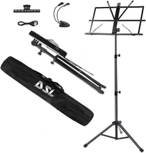 Load image into Gallery viewer, DSL Music Book Stand - Music Stands for Sheet with Lights &amp; Carrying Bag - Metal Sheet Music Stand Sturdy, Portable, Foldable, Heights Adjustable, Black
