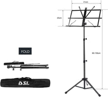 Load image into Gallery viewer, DSL Music Book Stand - Music Stands for Sheet with Lights &amp; Carrying Bag - Metal Sheet Music Stand Sturdy, Portable, Foldable, Heights Adjustable, Black
