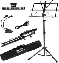 Load image into Gallery viewer, DSL Music Book Stand - Music Stands for Sheet with Lights &amp; Carrying Bag - Metal Sheet Music Stand Sturdy, Portable, Foldable, Heights Adjustable, Black
