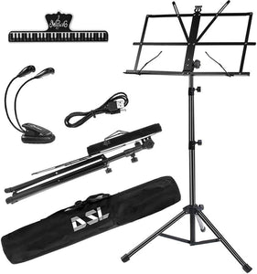 DSL Music Book Stand - Music Stands for Sheet with Lights & Carrying Bag - Metal Sheet Music Stand Sturdy, Portable, Foldable, Heights Adjustable, Black