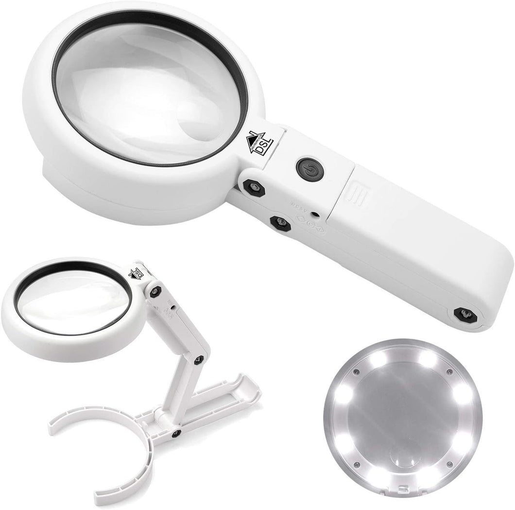 DSL Magnifying Glass with Light - Portable Illuminated Magnifying Glasses 5X, 11X Magnification Lens 8 LED Lighted USB Charge Magnifier with Desktop Hand-Held Folding 2 in 1 Upgrade Versio