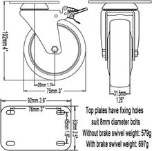 Load image into Gallery viewer, DSL 4 x 75mm PU Heavy Duty Double Bearing 2 Castor with 2 Braked Rubber Swivel Castor Wheel Trolley Furniture Caster 400KG Free Fitting
