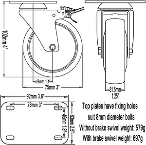 DSL 4 x 75mm PU Heavy Duty Double Bearing 2 Castor with 2 Braked Rubber Swivel Castor Wheel Trolley Furniture Caster 400KG Free Fitting