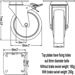 DSL Castor Wheels, Heavy Duty Castors 50mm, Caster Wheels Set of 4 Trolley Furniture Wheels - Double Bearing 2 Castor with 2 Braked Rubber up to 240KG + Free Fitting