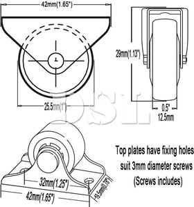 Small Fixed Castor Wheels Trolley –DSL 25mm Heavy Duty Caster Wheels Set of 4 – Rubbered Wheels for Furniture - Black up to 60KG +Free Fitting Castors for Furniture