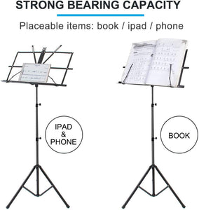 DSL Music Book Stand - Music Stands for Sheet with Lights & Carrying Bag - Metal Sheet Music Stand Sturdy, Portable, Foldable, Heights Adjustable, Black