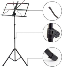 Load image into Gallery viewer, DSL Music Book Stand - Music Stands for Sheet with Lights &amp; Carrying Bag - Metal Sheet Music Stand Sturdy, Portable, Foldable, Heights Adjustable, Black
