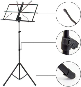 DSL Music Book Stand - Music Stands for Sheet with Lights & Carrying Bag - Metal Sheet Music Stand Sturdy, Portable, Foldable, Heights Adjustable, Black