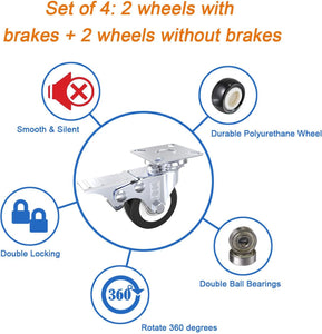 DSL Castor Wheels, Heavy Duty Castors 50mm, Caster Wheels Set of 4 Trolley Furniture Wheels - Double Bearing 2 Castor with 2 Braked Rubber up to 240KG + Free Fitting