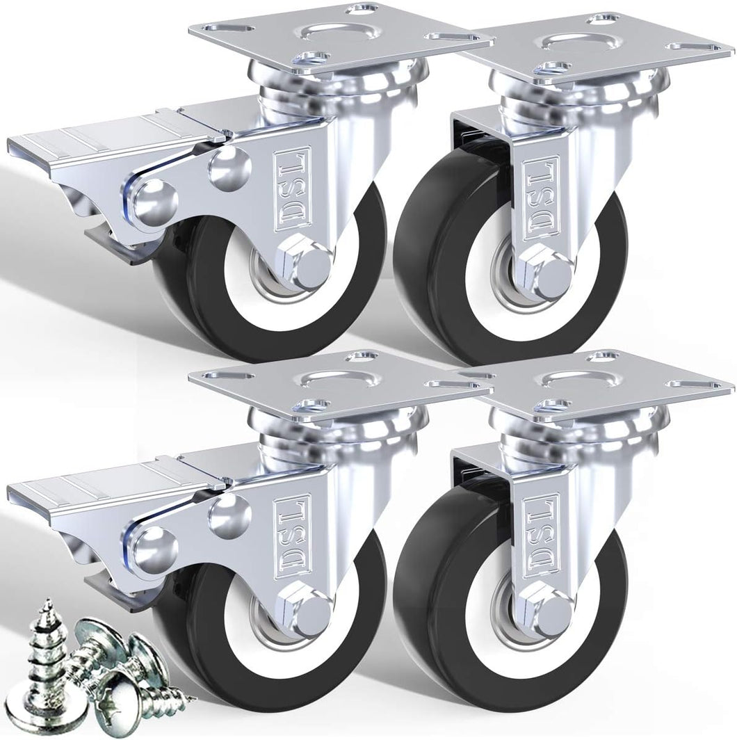 DSL Castor Wheels, Heavy Duty Castors 50mm, Caster Wheels Set of 4 Trolley Furniture Wheels - Double Bearing 2 Castor with 2 Braked Rubber up to 240KG + Free Fitting