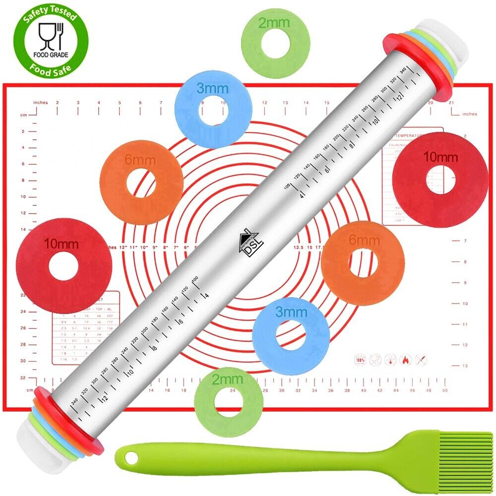 DSL Adjustable Rolling Pin with Thickness Rings Non Stick 17 inch Large Heavy Duty Stainless Steel French Style Dough Roller for Baking Pizza Pie Pastries and Cookies