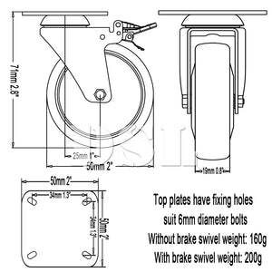 DSL 4 x Heavy Duty 50mm Rubber Swivel Castor Wheels Trolley Furniture Caster Brake